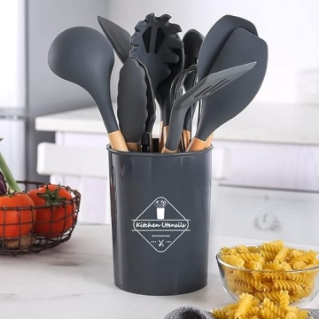 Stylish Silicone Cooking Utensils Set with Wooden Handles