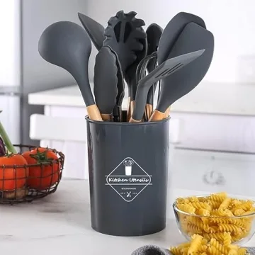 Stylish Silicone Cooking Utensils Set with Wooden Handles