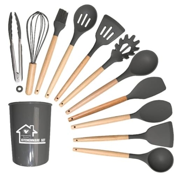 Stylish Silicone Cooking Utensils Set with Wooden Handles