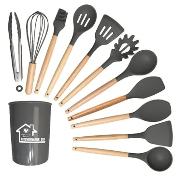 Stylish Silicone Cooking Utensils Set with Wooden Handles
