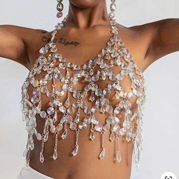 Formery Crystal Body Chain Rhinestone Halter Tassel Silver Body Jewelry for Women Summer Rave Beach ...