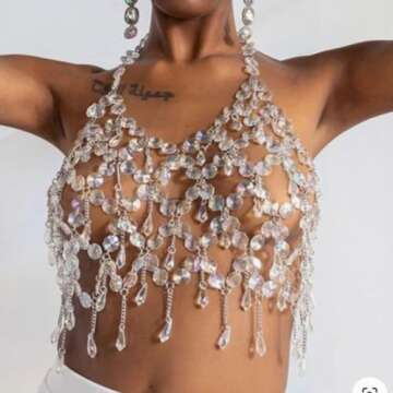 Formery Crystal Body Chain Rhinestone Halter Tassel Silver Body Jewelry for Women Summer Rave Beach Bra Chain