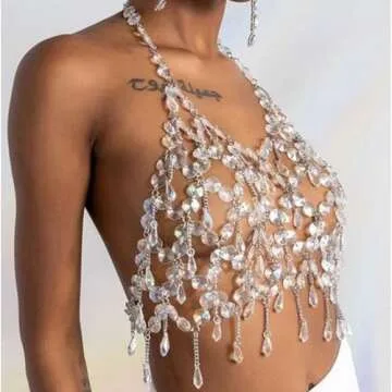 Formery Crystal Body Chain Rhinestone Halter Tassel Silver Body Jewelry for Women Summer Rave Beach Bra Chain