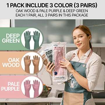 MAMISON 3 Pairs Colorful Reusable Waterproof Household Dishwashing Cleaning Rubber Gloves, Non-Slip ...
