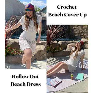 AOLRO Women's Swim Coverup Crochet Elastic Waist Beach Dress