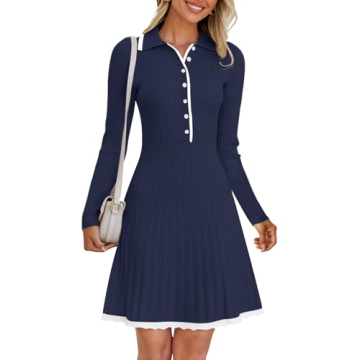 MEROKEETY Women's Long Sleeve V Neck Sweater Dress 2024 Fall Button Ribbed Knit Pleated Mini Dresses...