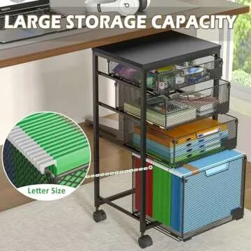 Rolling File Cart with 4 Storage Drawers, Filing Cabinet for Home Office, Hanging File Folder Organizer with Wheels Under Desk, Utility Craft Cart Printer Stand, Black, Patent Pending