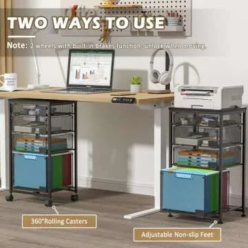 Rolling File Cart with 4 Storage Drawers, Filing Cabinet for Home Office, Hanging File Folder Organizer with Wheels Under Desk, Utility Craft Cart Printer Stand, Black, Patent Pending