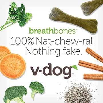 V-dog Dog Treats - Vegan Breathbone Teeth Cleaning Dental Bones - Fresh Breath - 8 Ounces - Minis - All Natural, Made in USA - 10 Bones - 3" Long - Easy to Digest