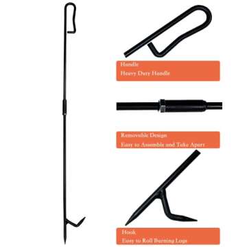 Fire Poker for Fire Pit. Fireplace Poker with Upgrade Removable Design. Premium Solid Steel Fire Pit Poker is The Best Fire Pit Accessories for Fireplace Camping Wood Stove Indoor and Outdoor Black