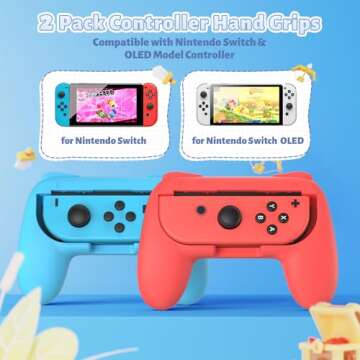 FastSnail Grips Compatible with Nintendo Switch Joy-Con, Wear-Resistant Handle Kit Compatible with Switch Joy Cons Controllers, 2 Pack (Blue and Red)