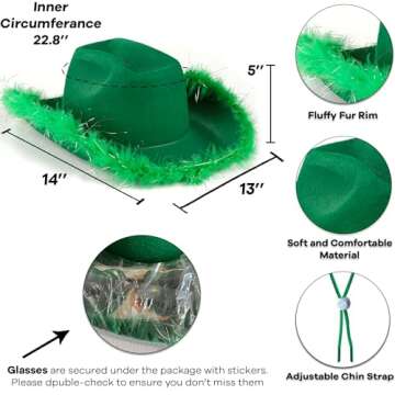 Funcredible St Patricks Day Cowboy Hat and Glasses - Green Cowgirl Hat with Feathers - St Patty's Da...