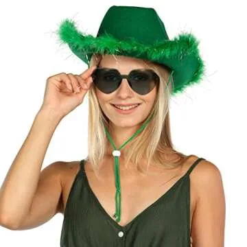 Funcredible St Patricks Day Cowboy Hat and Glasses - Green Cowgirl Hat with Feathers - St Patty's Day Accessories for Women and Girls