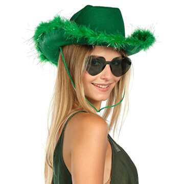 Funcredible St Patricks Day Cowboy Hat and Glasses - Green Cowgirl Hat with Feathers - St Patty's Day Accessories for Women and Girls