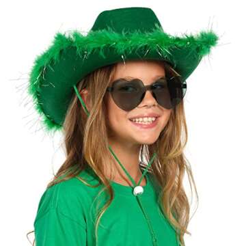 Funcredible St Patricks Day Cowboy Hat and Glasses - Green Cowgirl Hat with Feathers - St Patty's Day Accessories for Women and Girls