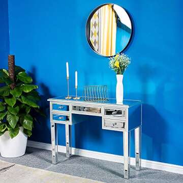 Bonnlo Mirrored Vanity Table with 5 Drawers Silver Console Table for Entryway Modern Sofa Table, Sil...