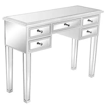 Bonnlo Mirrored Vanity Table with 5 Drawers Silver Console Table for Entryway Modern Sofa Table, Silver