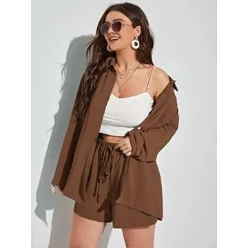 MakeMeChic Women's Plus Size Casual 2 Piece Outfits Long Sleeve Button Down Blouse and Shorts Set Brown 2XL
