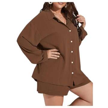 MakeMeChic Women's Plus Size Casual 2 Piece Outfits Long Sleeve Button Down Blouse and Shorts Set Brown 2XL