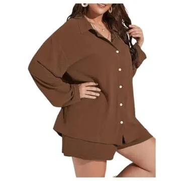 MakeMeChic Women's Plus Size Casual 2 Piece Outfits Long Sleeve Button Down Blouse and Shorts Set Brown 2XL