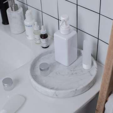 JIMEI Natural Marble Round Vanity Tray- Bathroom Tray Countertop for Perfumes - Guest Tray Napkin Holder for Bathroom - Fruit Serving Plate for Kitchen - Coffee Table Decor - Jewelry Dish (9.84 inch)