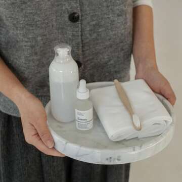 JIMEI Natural Marble Round Vanity Tray- Bathroom Tray Countertop for Perfumes - Guest Tray Napkin Holder for Bathroom - Fruit Serving Plate for Kitchen - Coffee Table Decor - Jewelry Dish (9.84 inch)