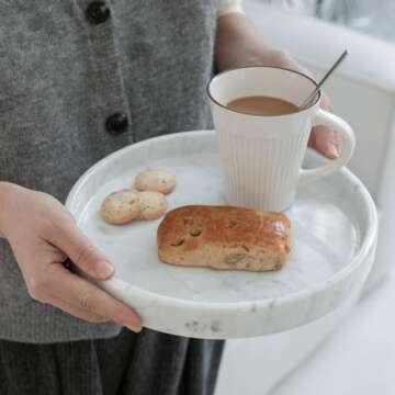 JIMEI Natural Marble Round Vanity Tray- Bathroom Tray Countertop for Perfumes - Guest Tray Napkin Holder for Bathroom - Fruit Serving Plate for Kitchen - Coffee Table Decor - Jewelry Dish (9.84 inch)