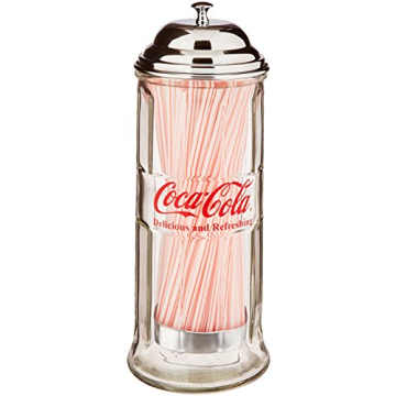 Tablecraft Coca-Cola Glass Straw Dispenser - Classic Glass and Chrome Holder