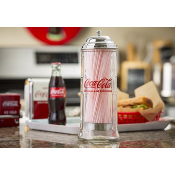 Tablecraft Coca-Cola Glass Straw Dispenser With Metal Lid