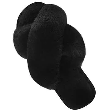 Cozyfurry Womens Cross Band Slippers Cozy Furry Fuzzy House Slippers Open Toe Fluffy Indoor Shoes Ou...