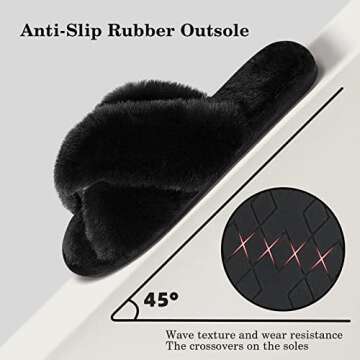 Cozyfurry Womens Cross Band Slippers Cozy Furry Fuzzy House Slippers Open Toe Fluffy Indoor Shoes Outdoor Slip on Warm Breathable Anti-skid Sole Black 9-10 L