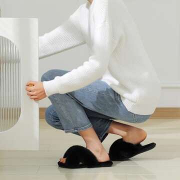 Cozyfurry Womens Cross Band Slippers Cozy Furry Fuzzy House Slippers Open Toe Fluffy Indoor Shoes Outdoor Slip on Warm Breathable Anti-skid Sole Black 9-10 L