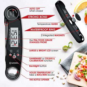 SOQOOL Meat Thermometer, 2 Packs Digital Food Thermometer Instant Read, Instant Read Thermometer for Kitchen Cooking Food Candy Oil Deep Fry Outdoor BBQ Grill Smoker, Ultra Fast and Waterproof1