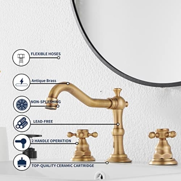 GGStudy 8 inch Antique Brass Bathroom Faucet with Drain