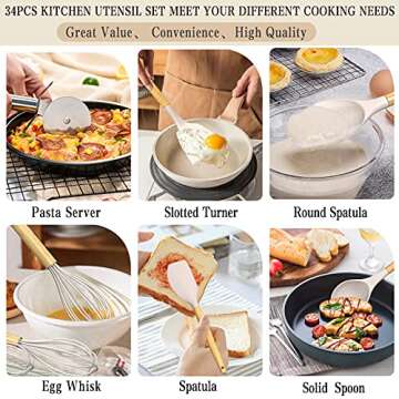 Silicone Cooking Kitchen Utensil Set, Umite Chef 34pcs Heat Resistant Kitchen Utensils with Holder, Khaki Kitchen Spatula Set with Wooden Handle, Kitchen Gadget Tools for Nonstick Cookware(BPA Free)