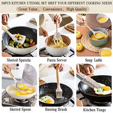 Silicone Cooking Kitchen Utensil Set, Umite Chef 34pcs Heat Resistant Kitchen Utensils with Holder, Khaki Kitchen Spatula Set with Wooden Handle, Kitchen Gadget Tools for Nonstick Cookware(BPA Free)