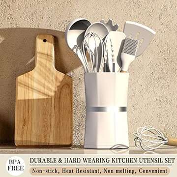 Silicone Cooking Kitchen Utensil Set, Umite Chef 34pcs Heat Resistant Kitchen Utensils with Holder, Khaki Kitchen Spatula Set with Wooden Handle, Kitchen Gadget Tools for Nonstick Cookware(BPA Free)