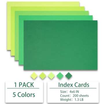 Index Cards 200-Count 4x6 Inch,178GSM Heavyweight Set of 5 Colors Paper Multicolor Study Cards (Dark Green)