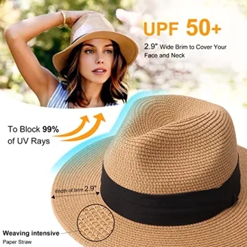 DRESHOW Women Straw Fedora Hat with Adjustable Fit UPF 50+