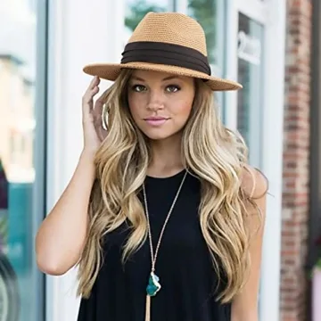 DRESHOW Women Straw Fedora Hat with Adjustable Fit UPF 50+