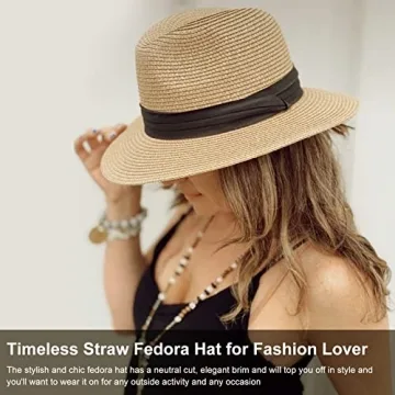 DRESHOW Women Straw Fedora Hat with Adjustable Fit UPF 50+