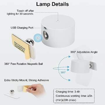 Lightess 2PC LED Wall Sconces, 19 Colors Dimmable Wall Mounted Lamp with Rechargeable Battery Operated USB, 360°Rotate Magnetic Ball, Touch & Remote Control, Cordless Wall Light for Reading-White