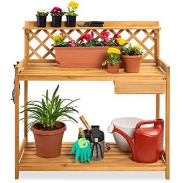 Best Choice Products Outdoor Garden Potting Bench, Wooden Workstation Table w/Cabinet Drawer, Open S...