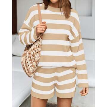 ZESICA Striped Lounge Sets for Women 2 Piece Oversized Outfits Long Sleeve Tops and Shorts Sweater Pajama Set,Apricot,Small