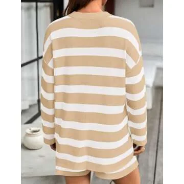 ZESICA Striped Lounge Sets for Women 2 Piece Oversized Outfits Long Sleeve Tops and Shorts Sweater Pajama Set,Apricot,Small