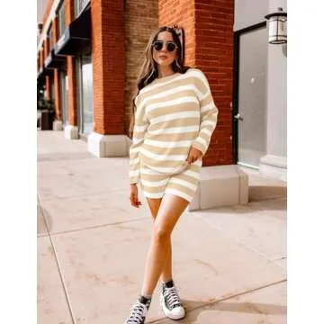 ZESICA Striped Lounge Sets for Women 2 Piece Oversized Outfits Long Sleeve Tops and Shorts Sweater Pajama Set,Apricot,Small