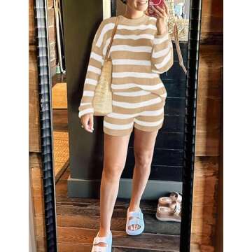 ZESICA Striped Lounge Sets for Women 2 Piece Oversized Outfits Long Sleeve Tops and Shorts Sweater Pajama Set,Apricot,Small