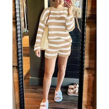 ZESICA Striped Lounge Sets for Women 2 Piece Oversized Outfits Long Sleeve Tops and Shorts Sweater Pajama Set,Apricot,Small