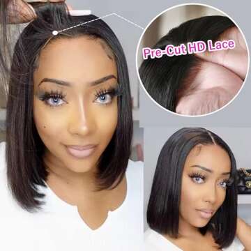 5X5 Wear and Go Glueless SKINLIKE Real HD Lace Closure 200% Density Straight Bob Wigs Human Hair 0.0...
