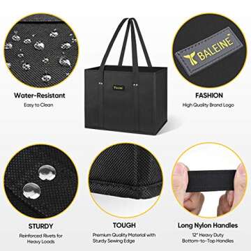 BALEINE 3Pk Reusable Grocery Bags, Foldable Shopping Bags for Groceries with Reinforced Bottom & Handles (Black)